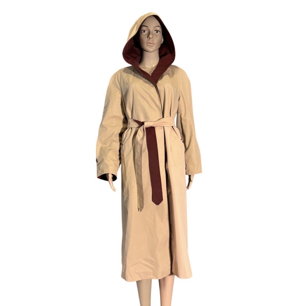 Etienne Aigner Reversible Hooded Trench Coat Size 12 Burgundy Khaki VTG belted - Picture 2 of 14